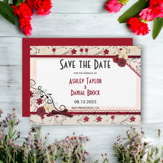 Elegant Burgundy Floral Frame Chic Summer Wedding Save The Date (Creator Uploaded)