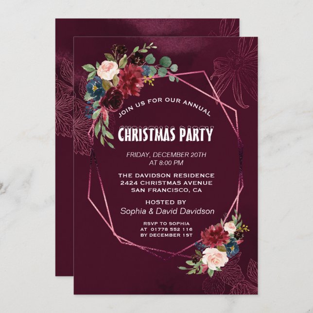 Elegant Burgundy Floral Geometric Christmas Party Invitation (Front/Back)