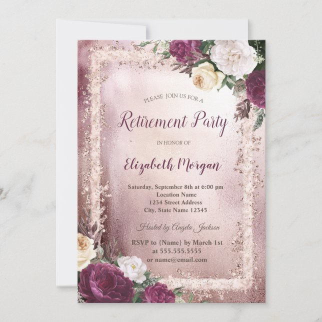 Elegant Burgundy Floral Glitter Frame Retirement Invitation (Front)