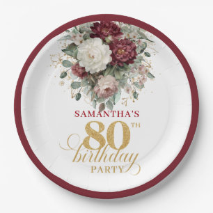 Elegant Burgundy Floral Gold 80th Birthday Paper  Plate