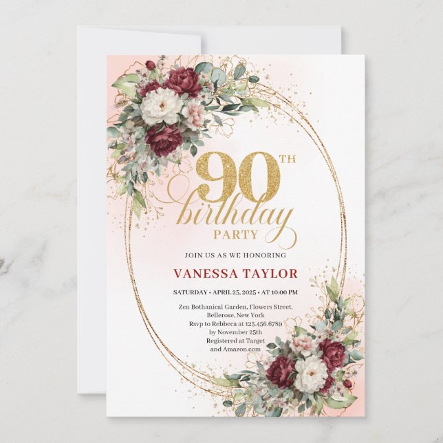 Elegant Burgundy Floral Gold Frame 90th Birthday Invitation (Front)