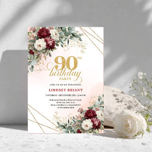 Elegant Burgundy Floral Gold Frame 90th Birthday Invitation