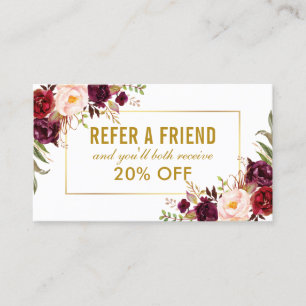 Elegant Burgundy Floral Gold Frame Referral Business Card