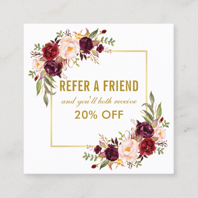 Elegant Burgundy Floral Gold Frame Referral Square Business Card (Front)
