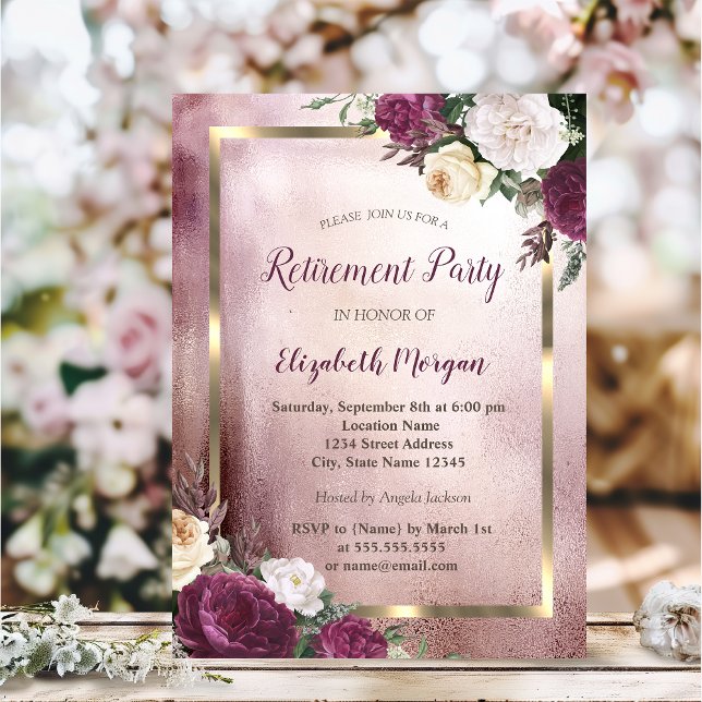 Elegant Burgundy Floral Gold Frame Retirement Invitation (Creator Uploaded)