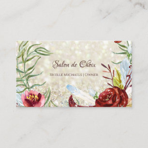 Elegant Burgundy Floral Gold Glitter Beauty Salon Business Card