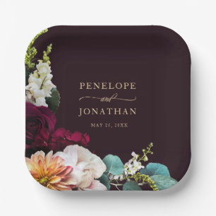 Elegant Burgundy Floral Gold Monogram Wedding Paper Plate