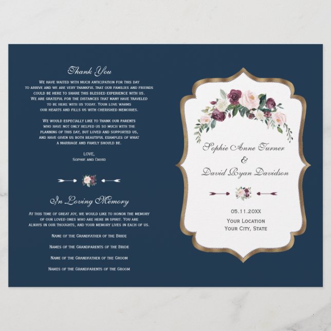 Elegant Burgundy Floral Gold Navy Blue Program (Front)