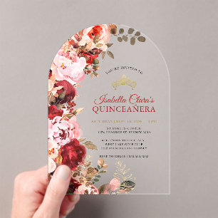Elegant Burgundy Floral Gold Quinceanera Acrylic Invitations