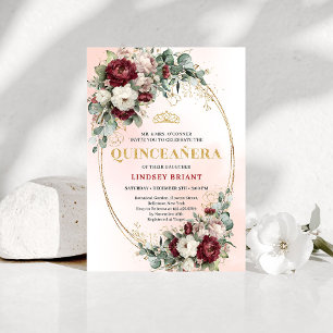 Elegant Burgundy Floral Gold Quinceañera Invite