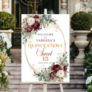 Elegant Burgundy Floral Gold Quinceanera Welcome  Poster