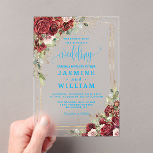 Elegant Burgundy Floral  Gold  Wedding Acrylic Invitations