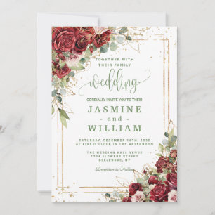 Elegant Burgundy Floral Gold Wedding Invitation