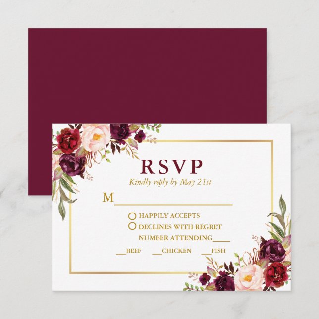Elegant Burgundy Floral Gold Wedding Meal RSVP Card (Front/Back)