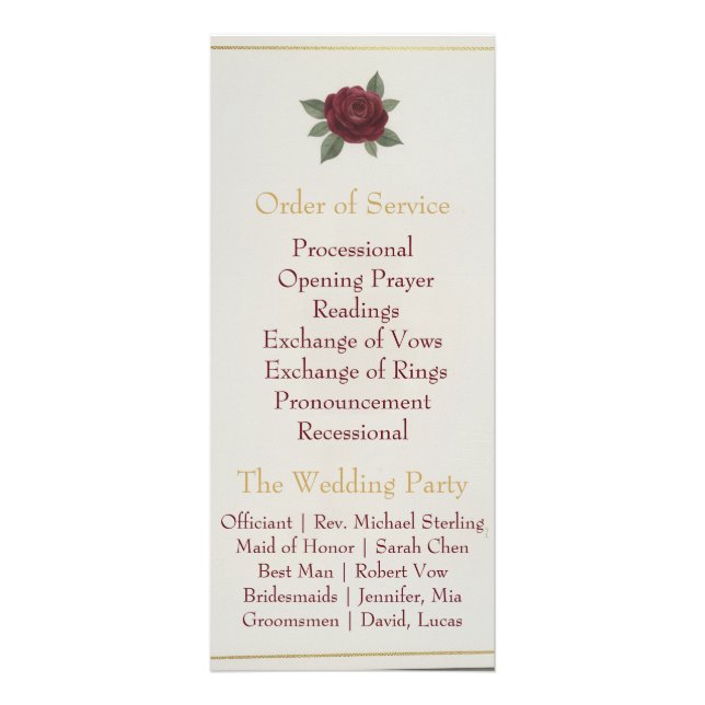 Elegant Burgundy Floral & Gold Wedding Program Rack Card (Back)