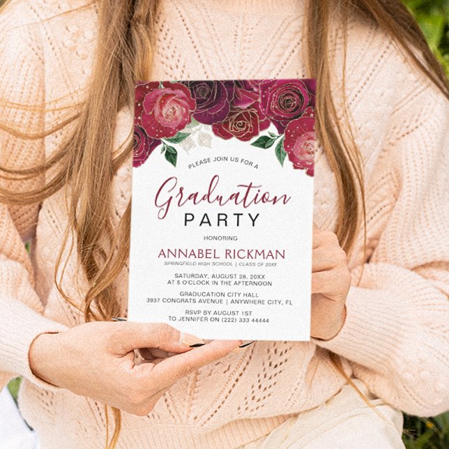 Elegant Burgundy Floral Graduation  Party Invitation (Creator Uploaded)