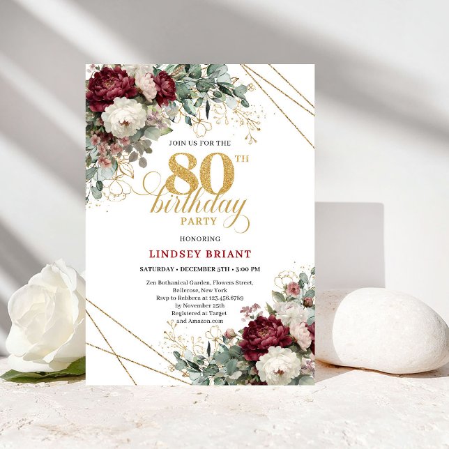 Elegant Burgundy Floral Greenery 80th Birthday Invitation (Elegant Burgundy Floral Greenery 80th Birthday)