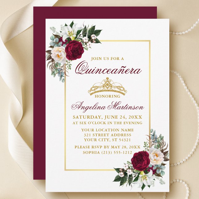 Elegant Burgundy Floral Greenery Quinceanera Gold Invitation (Customize to change text color, style, add text & photos to back or change color of back of card.)