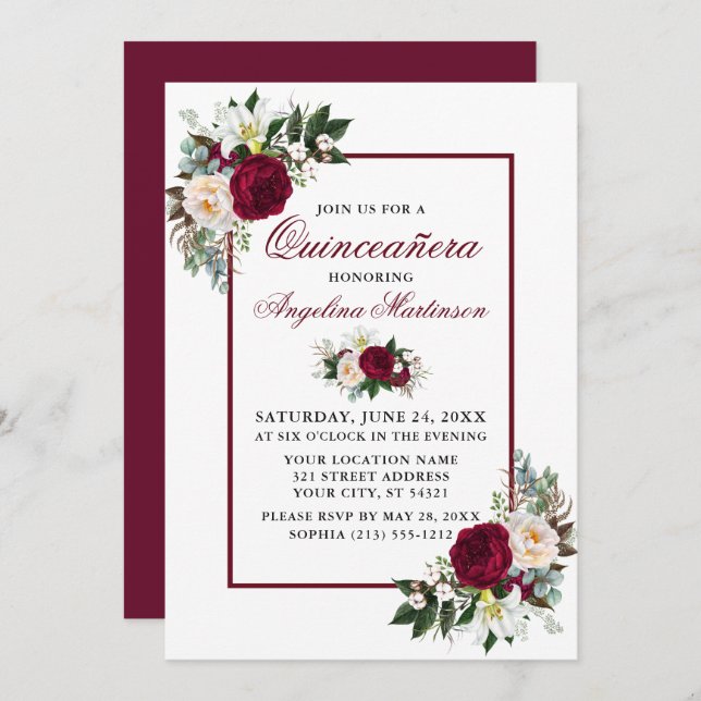 Elegant Burgundy Floral Greenery Quinceanera Party Invitation (Front/Back)