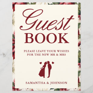 Elegant Burgundy Floral Guest Book Wedding Sign