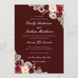 Elegant Burgundy Floral Lace Wedding Invitation