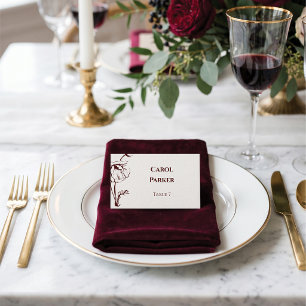 Elegant Burgundy Floral Line Art Flat Wedding Place Card