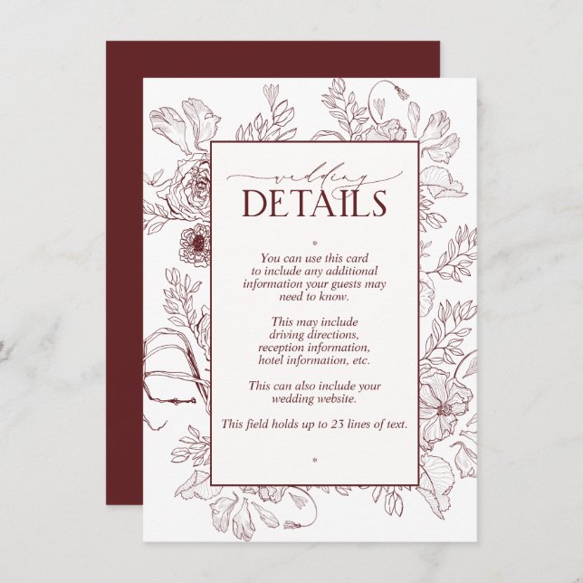 Elegant Burgundy Floral Line Art Wedding Details Enclosure Card (Front/Back)