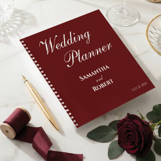 Elegant Burgundy Floral Line Art Wedding Planner Notebook