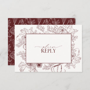 Elegant Burgundy Floral Line Art Wedding QR Code RSVP Card