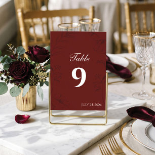 Elegant Burgundy Floral Line Art Wedding Table Number