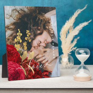 Elegant Burgundy Floral Love Script Couple Photo Plaque