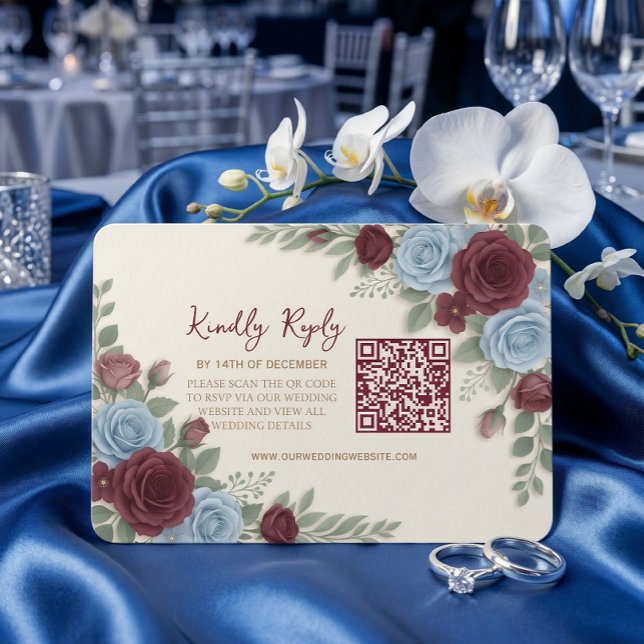 Elegant Burgundy Floral Modern QR Code Wedding RSVP Card (Creator Uploaded)