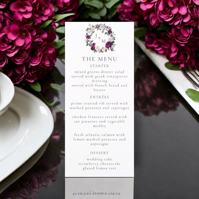Elegant burgundy floral modern script menu card (burgundy florals wedding menu card )