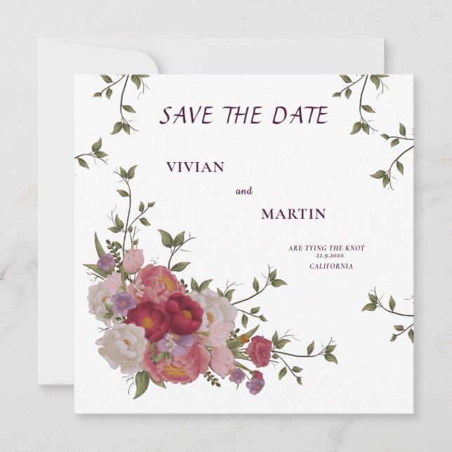 Elegant Burgundy Floral Monogram Save The Date Invitation (Front)