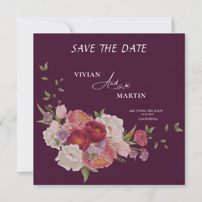 Elegant Burgundy Floral Monogram Save The Date Invitation (Front)