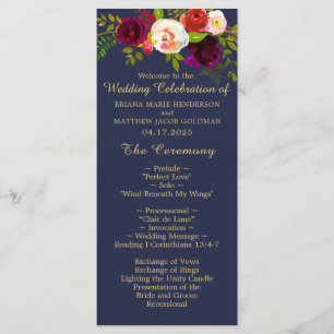 Elegant Burgundy Floral Navy Blue Gold Wedding Programme