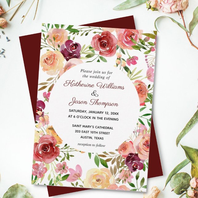Elegant Burgundy Floral Peony Evening Wedding Invitation (Creator Uploaded)