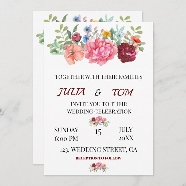 Elegant Burgundy Floral personalised Wedding Invitation (Front/Back)
