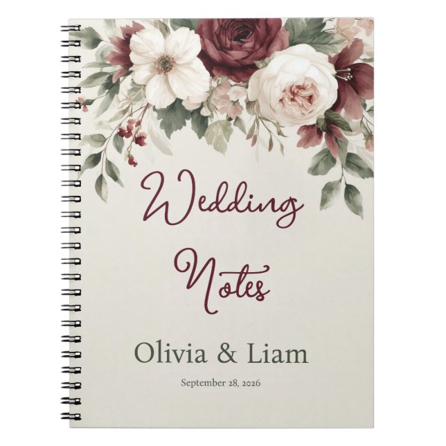 Elegant Burgundy Floral Personalized Wedding Plann Notebook (Front)