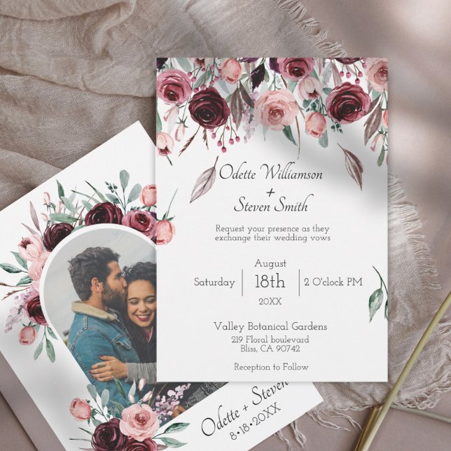 Elegant Burgundy Floral Photo Arch Wedding Invitation (Burgundy and Blush Floral Wedding Invitation with Script Text)