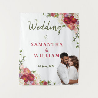 Elegant Burgundy Floral Photo Wedding Backdrop Tapestry
