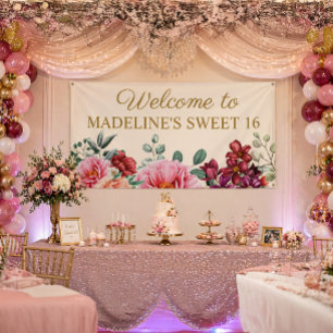 Elegant Burgundy Floral Pink Peonies Sweet 16  Banner