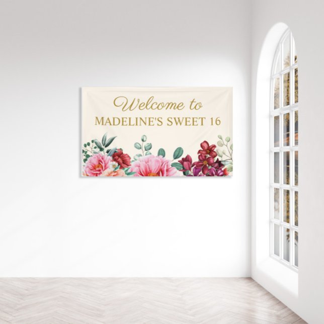 Elegant Burgundy Floral Pink Peonies Sweet 16  Banner (Creator Uploaded)