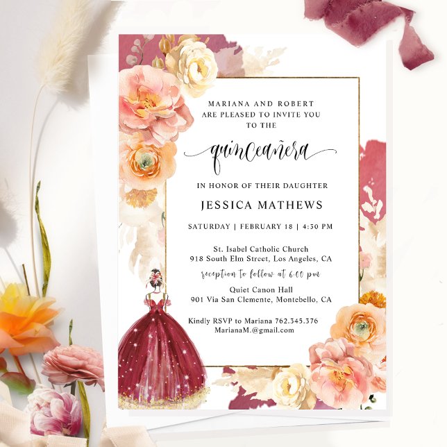 Elegant Burgundy Floral Princess Quinceañera Invitation (Creator Uploaded)