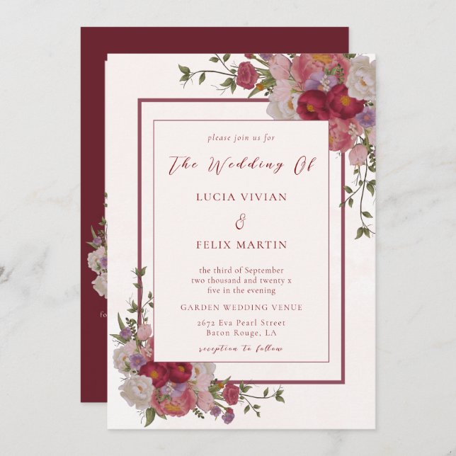 Elegant Burgundy Floral QR Code Photo Wedding Invitation (Front/Back)