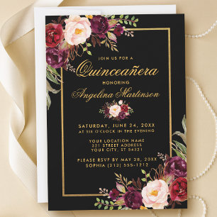 Elegant Burgundy Floral Quinceanera Black Gold Invitation
