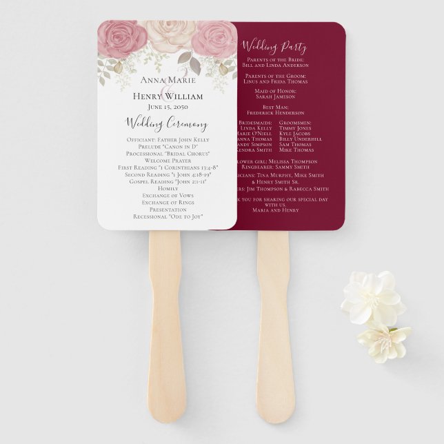 Elegant Burgundy Floral Rose Wedding Program  Hand Fan (Front and Back)