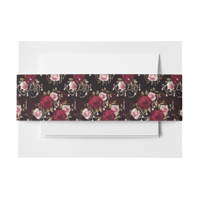 Elegant Burgundy Floral Roses Chandelier Wedding Invitation Belly Band (Front Example)
