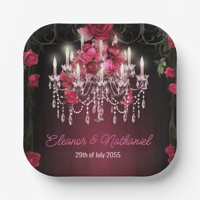 Elegant Burgundy Floral Roses Chandelier Wedding Paper Plate (Front)