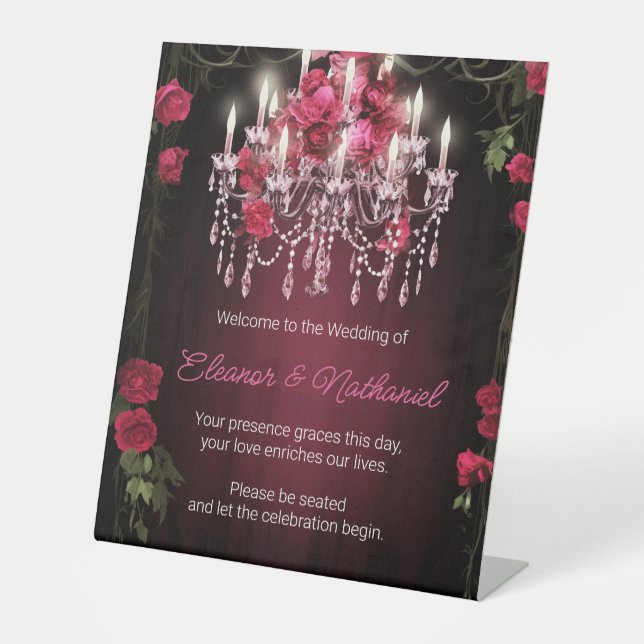 Elegant Burgundy Floral Roses Chandelier Wedding Pedestal Sign (Front)